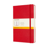 Large scarlet red Moleskine notebook with 400 ruled pages, two bookmarks, and an expandable pocket for notes.