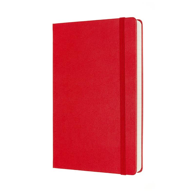 Moleskine Large Expanded Ruled Notebook in scarlet red with 400 acid-free pages, elastic closure, and two ribbon bookmarks.