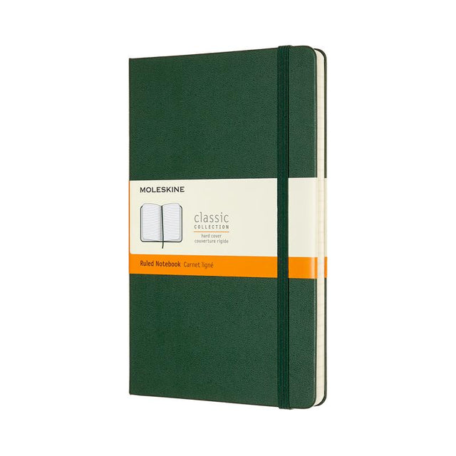 Moleskine Large Ruled Notebook in Myrtle Green, featuring a hard cover, elastic closure, and expandable inner pocket for organization.