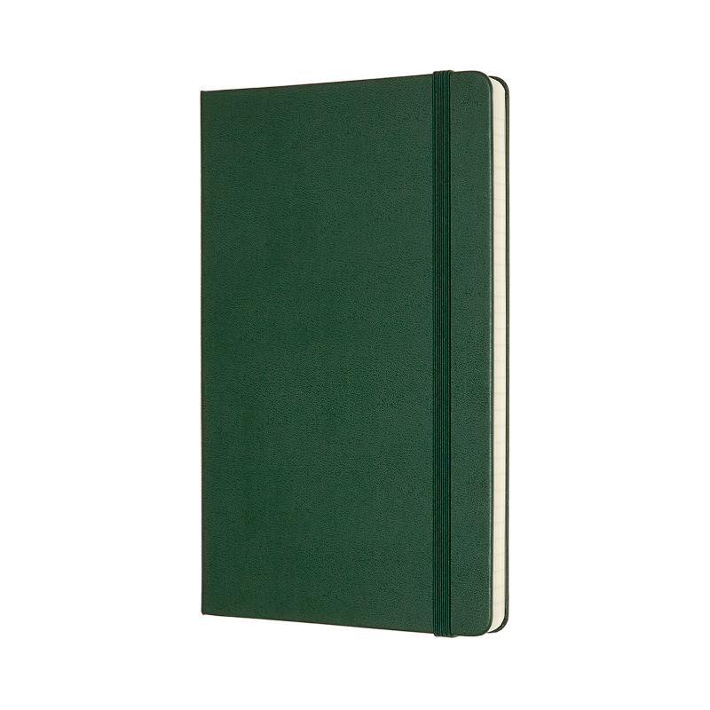 Moleskine Large Ruled Notebook in Myrtle Green with elastic closure, bookmark, and expandable inner pocket for organization.