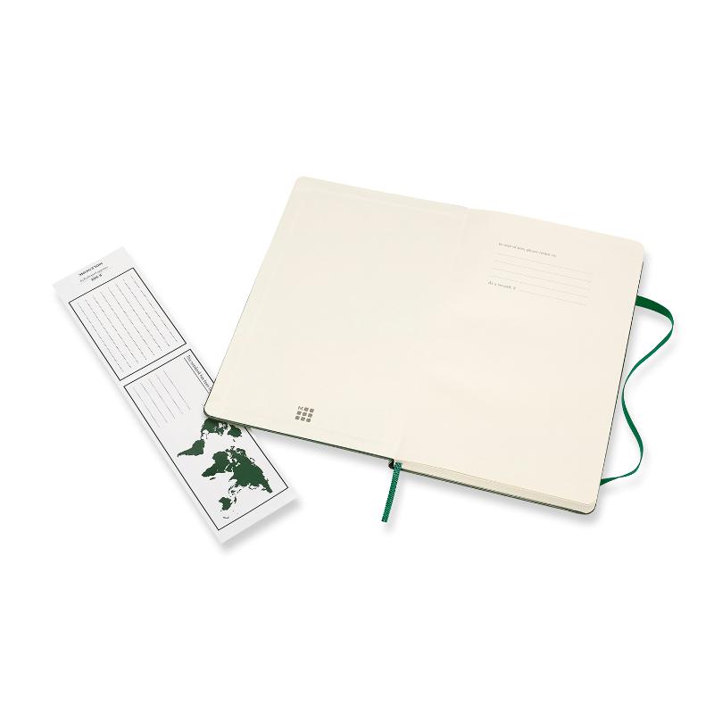 Moleskine Large Ruled Notebook in Myrtle Green, featuring a hard cover, elastic closure, and expandable inner pocket.