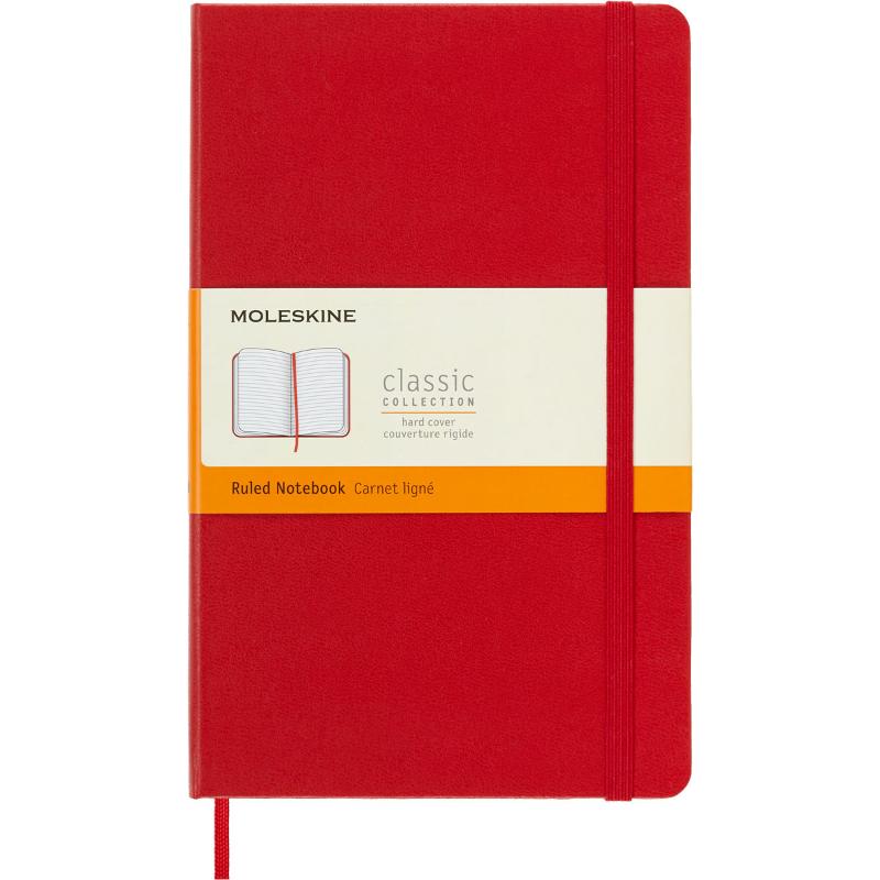 Large scarlet red Moleskine notebook with ruled ivory pages, elastic closure, and expandable pocket for notes and mementos.