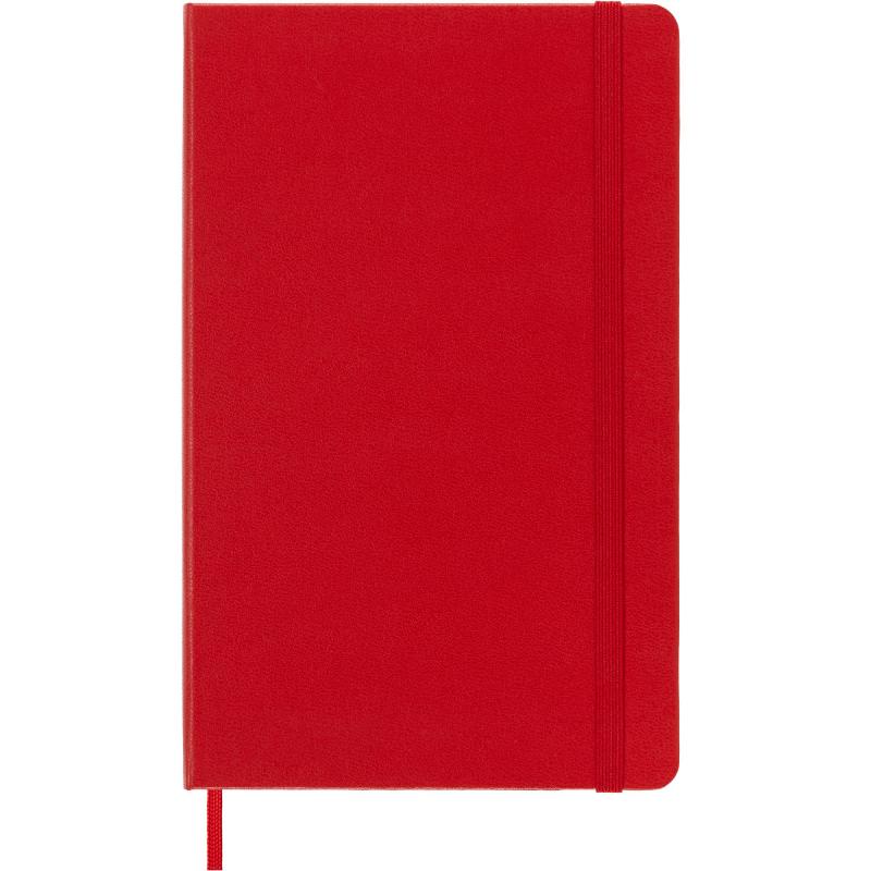 Large scarlet red hard cover Moleskine notebook with ruled pages, elastic closure, bookmark, and expandable inner pocket.