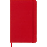 Large scarlet red hard cover Moleskine notebook with ruled pages, elastic closure, bookmark, and expandable inner pocket.