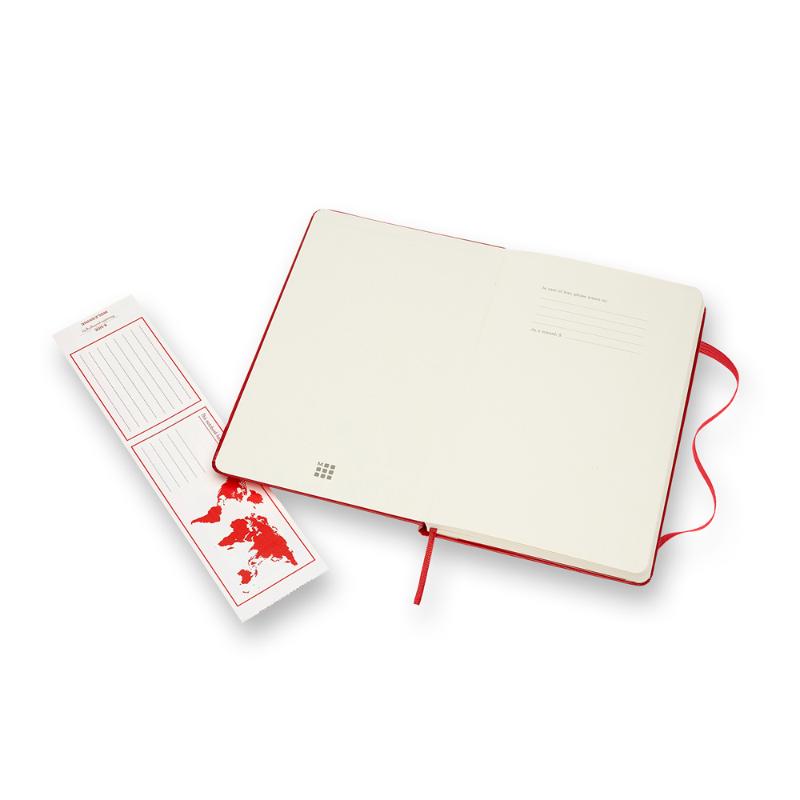 Moleskine Large Notebook in vibrant scarlet red, featuring ruled ivory pages, elastic closure, and expandable inner pocket.