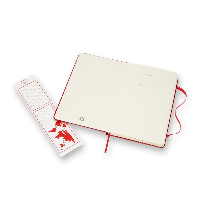 Moleskine Large Scarlet Red Hard Cover Notebook with ruled ivory pages, elastic closure, and expandable inner pocket.