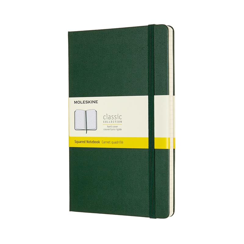 Moleskine Large Square Notebook in Myrtle Green, featuring hardbound cover, elastic closure, and 70gsm ivory pages.