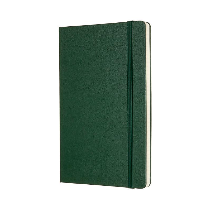 Moleskine Large Square Myrtle Green Notebook with elastic closure, ribbon bookmark, and ivory acid-free pages for creative expression.