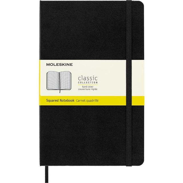 Moleskine Large Black Notebook with hard cover, elastic closure, ivory pages, bookmark ribbon, and expandable inner pocket.