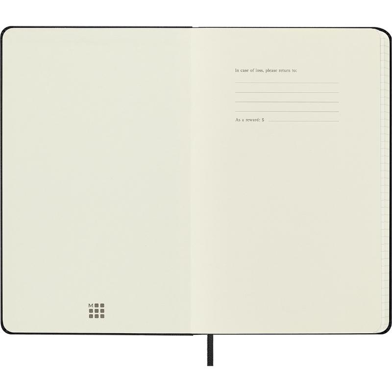 Moleskine Large Black Hard Cover Square Notebook with ivory pages, elastic closure, and expandable pocket for creatives.