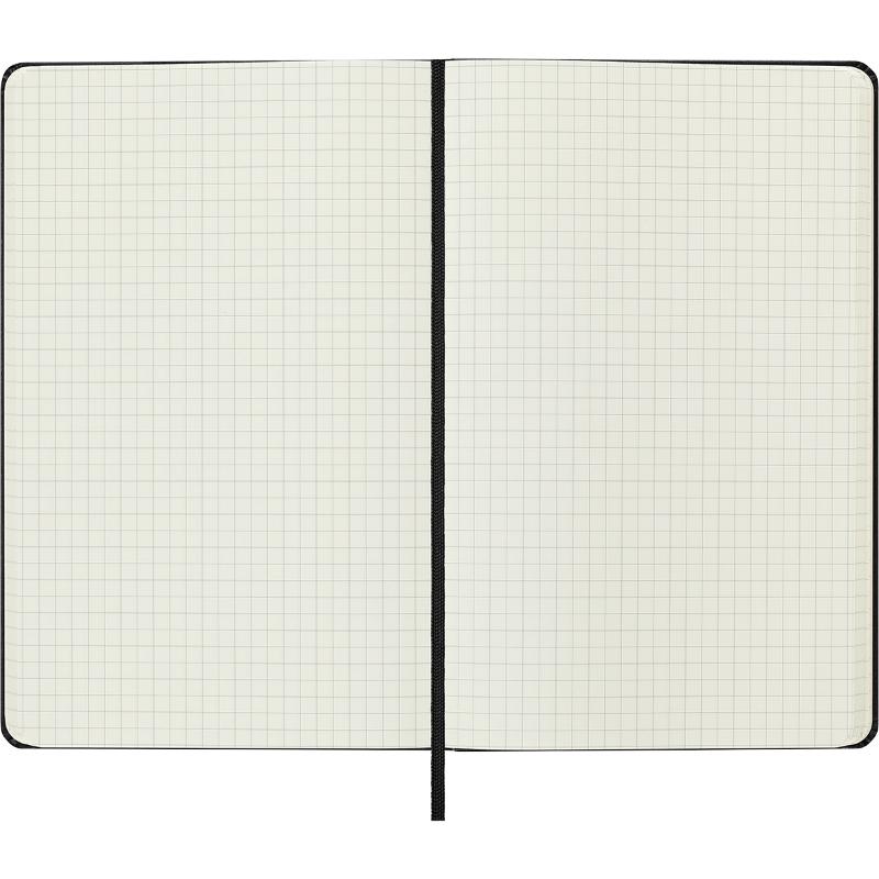 Large black Moleskine notebook with hard cover, ivory pages, elastic closure, bookmark, and expandable pocket for creatives.