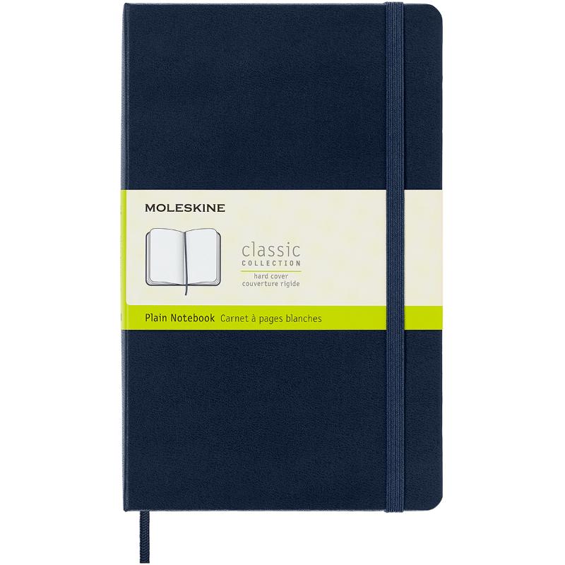 Sapphire blue hard cover Moleskine notebook with plain ivory pages, elastic closure, and expandable inner pocket.