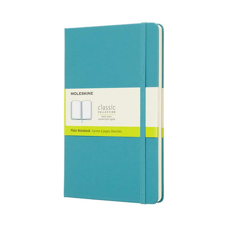 Moleskine Large Plain Notebook in Reef Blue, featuring acid-free pages, elastic closure, and expandable pocket for creativity on-the-go.