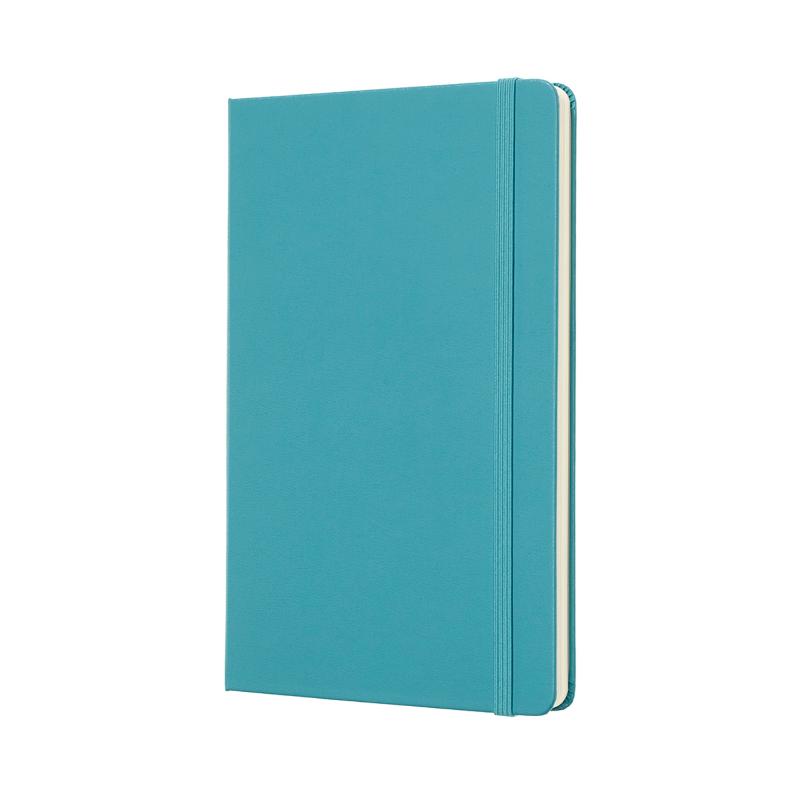 Moleskine Large Plain Notebook in Reef Blue, featuring a durable hard cover, elastic closure, and ivory acid-free pages.