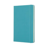 Moleskine Large Plain Notebook in Reef Blue, featuring a durable hard cover, elastic closure, and ivory acid-free pages.