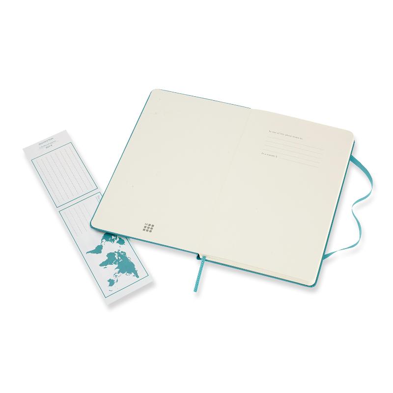 Large Reef Blue Moleskine Notebook with hard cover, elastic closure, and smooth ivory pages for writing or sketching.