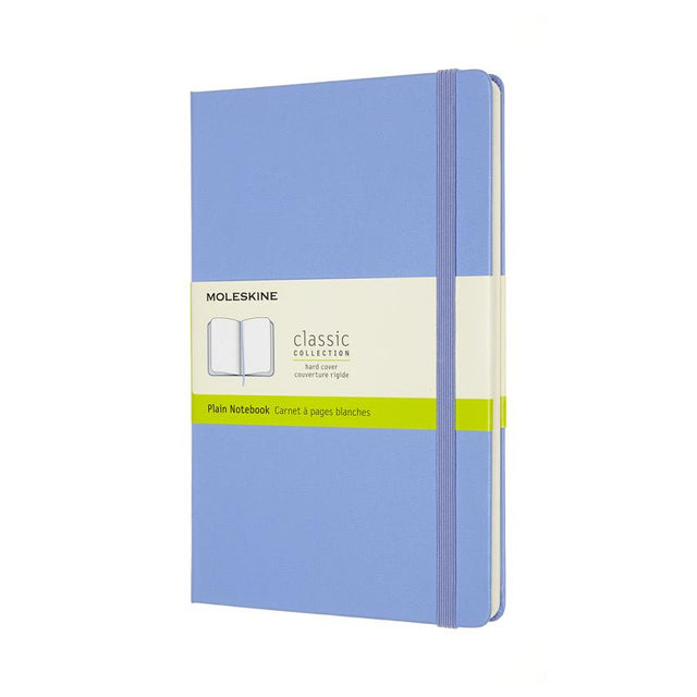 Large Hydrangea Blue Moleskine Notebook with ivory pages, elastic closure, and expandable pocket for organizing creative notes.