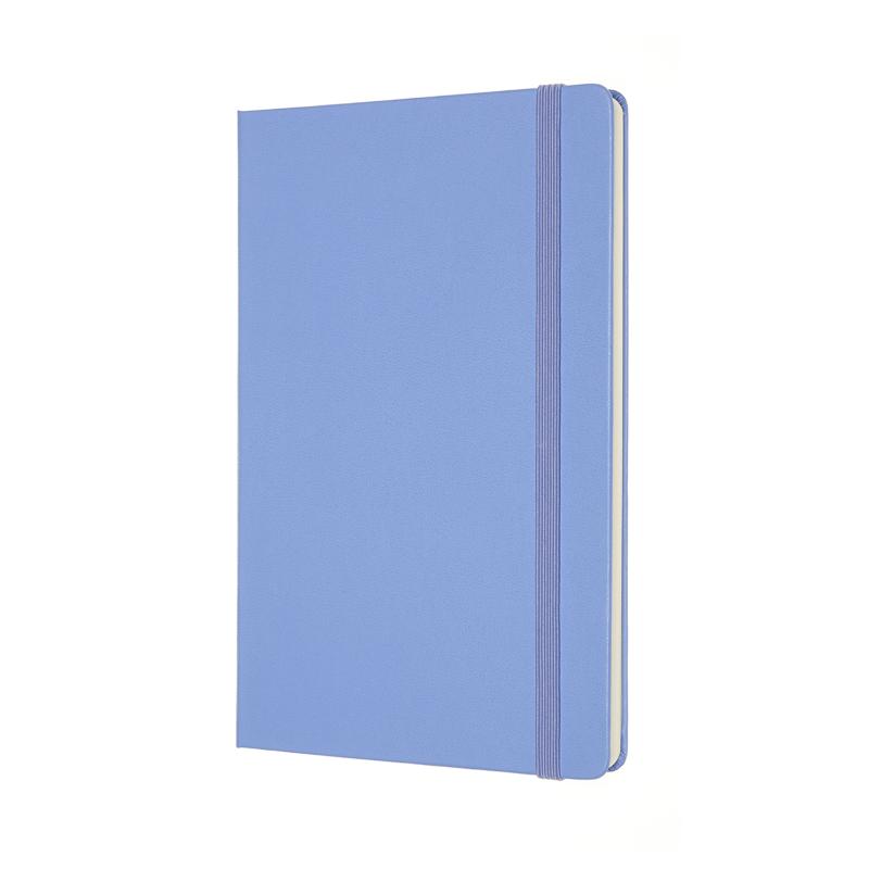 Moleskine Large Plain Notebook in Hydrangea Blue with elastic closure, ivory pages, and expandable pocket for notes.