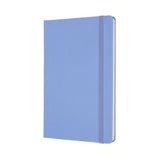 Moleskine Large Plain Notebook in Hydrangea Blue with elastic closure, ivory pages, and expandable pocket for notes.