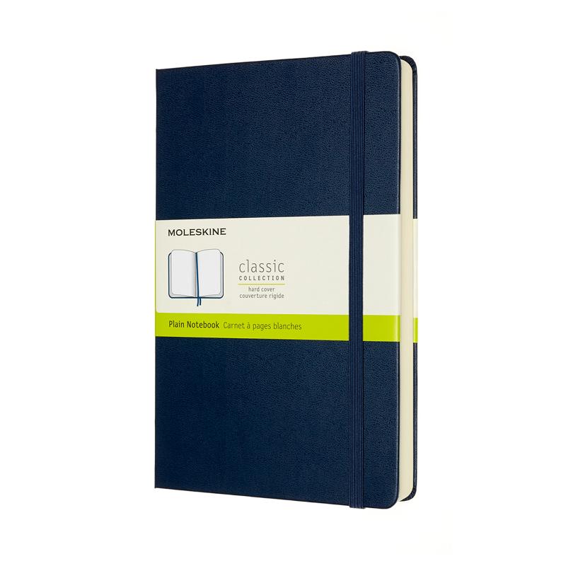 Sapphire blue Moleskine notebook with 400 pages, two bookmarks, expandable pocket, and elastic closure for creativity on the go.