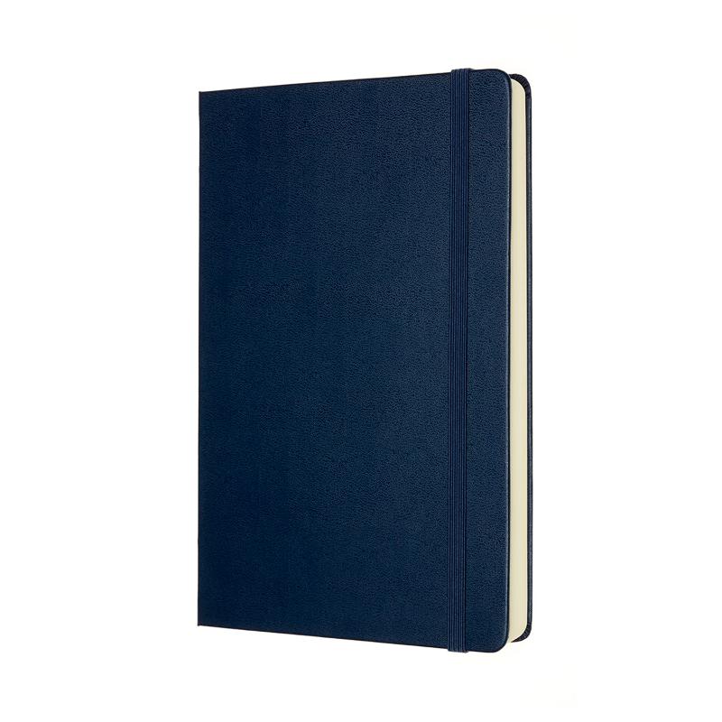 Sapphire blue Moleskine notebook with 400 acid-free pages, two bookmarks, and expandable pocket for notes and ideas.