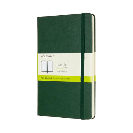 Moleskine Large Myrtle Green Notebook with plain ivory pages, elastic closure, and expandable pocket for creatives.