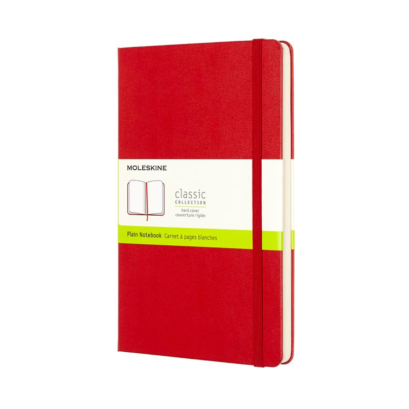 Moleskine Large Scarlet Red Notebook with hard cover, plain pages, elastic closure, and expandable back pocket for ideas.