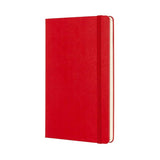 Large scarlet red Moleskine notebook with hard cover, plain acid-free pages, elastic closure, and expandable back pocket.