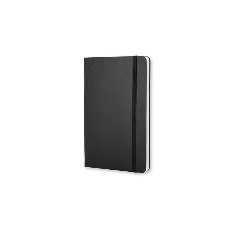 Moleskine Large Plain Black Hard Notebook with elastic closure, ivory pages, expandable pocket, and a bookmark ribbon.