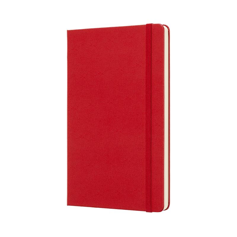 Moleskine Large Dot Notebook in scarlet red, featuring high-quality ivory paper, elastic closure, and expandable pocket.