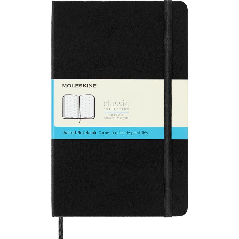 Moleskine Large Black Dot Notebook with hard cover, elastic closure, ribbon bookmark, and ivory acid-free pages for notes and sketches.