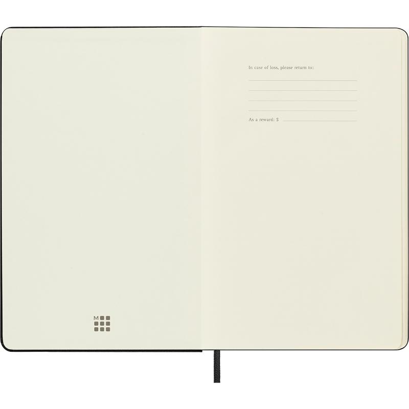 Moleskine Large Black Notebook with hard cover, elastic closure, dot grid pages, and expandable pocket for notes and mementos.