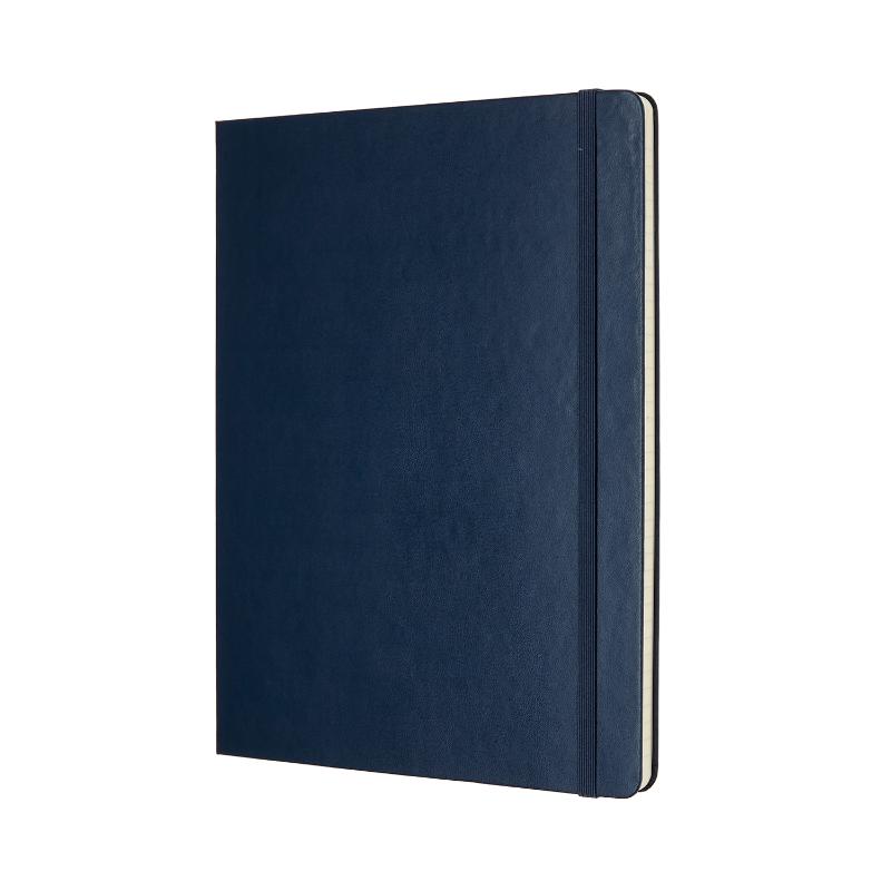 Moleskine XL Ruled Notebook in Sapphire Blue with elastic closure, ribbon bookmark, and 70 gsm ivory-colored acid-free paper.