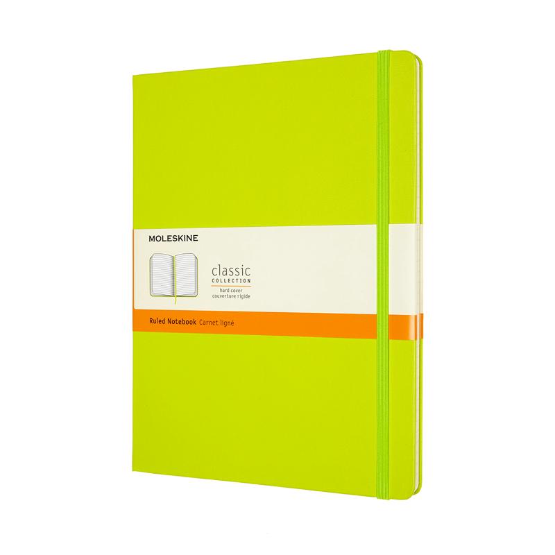 Moleskine XL ruled notebook in vibrant Lemon Green with ivory pages, elastic closure, and expandable back pocket.