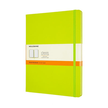 Moleskine XL ruled notebook in vibrant Lemon Green with ivory pages, elastic closure, and expandable back pocket.