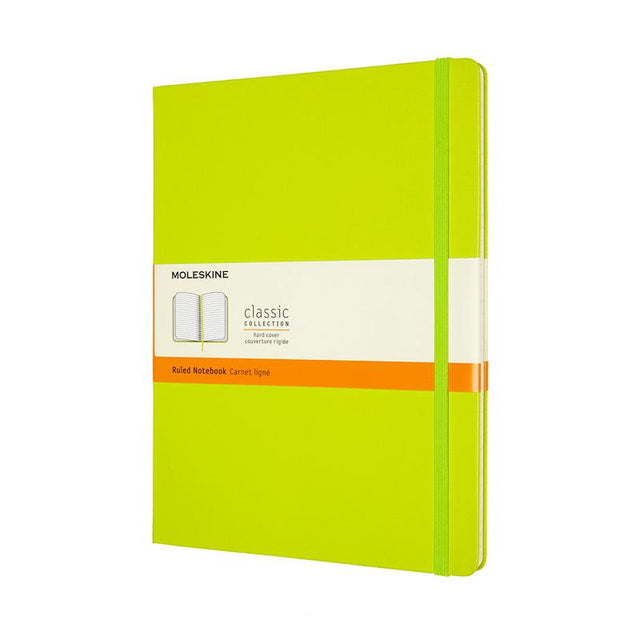 Moleskine XL ruled notebook in vibrant Lemon Green with ivory pages, elastic closure, and expandable back pocket.