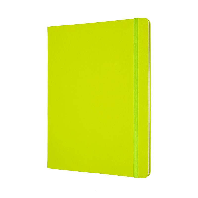 Lemon green Moleskine XL ruled notebook with elastic closure, bookmark, and expandable pocket for creative writing and notes.