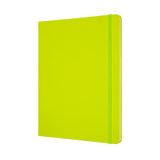 Lemon green Moleskine XL ruled notebook with elastic closure, bookmark, and expandable pocket for creative writing and notes.