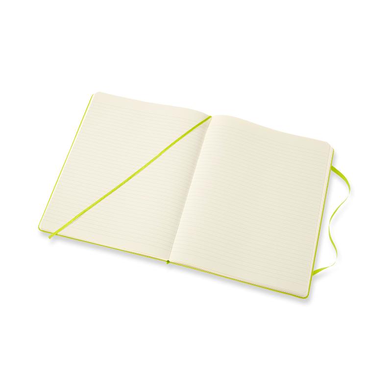 Vibrant lemon green Moleskine notebook with ruled pages, elastic closure, and an expandable back pocket for creativity on-the-go.