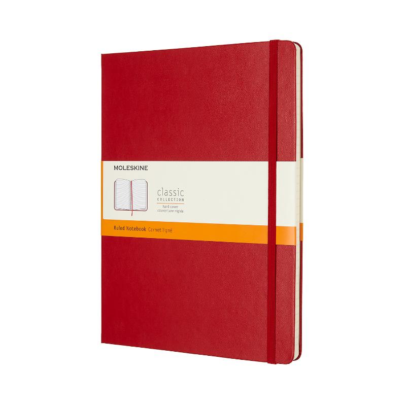 XL scarlet red Moleskine notebook with ruled pages, elastic closure, ribbon bookmark, and expandable inner pocket for creatives.