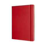 Moleskine XL scarlet red hardcover notebook with ruled pages, elastic closure, bookmark, and expandable pocket for notes.