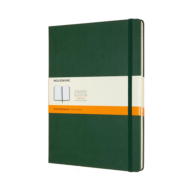 Moleskine XL Myrtle Green notebook with ruled pages, elastic closure, ribbon bookmark, and expandable inner pocket for notes.