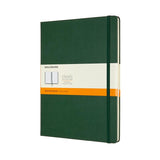 Moleskine XL Myrtle Green notebook with ruled pages, elastic closure, ribbon bookmark, and expandable inner pocket for notes.