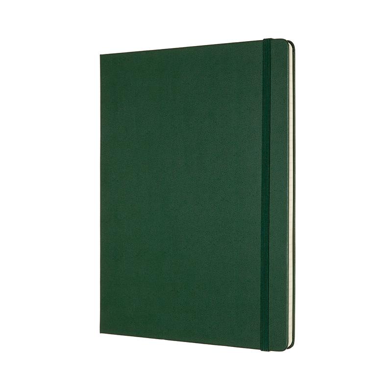 Moleskine XL Myrtle Green notebook with ruled pages, elastic closure, and expandable pocket for thoughts and creativity.