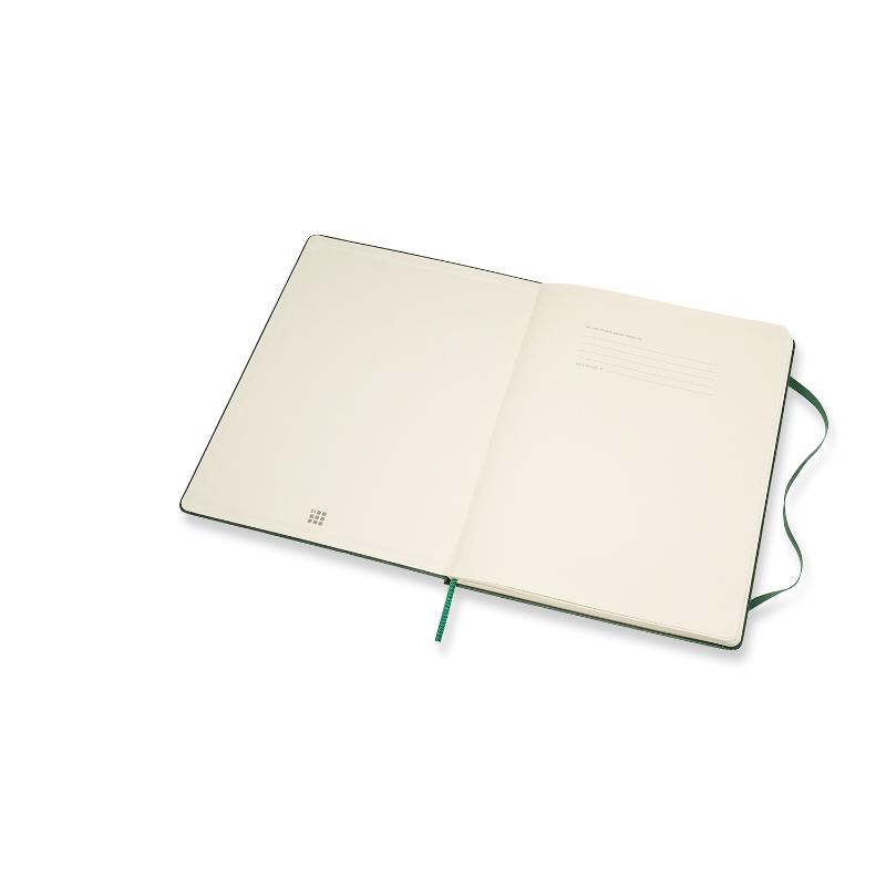 Moleskine XL Myrtle Green notebook features ruled ivory pages, elastic closure, and expandable pocket for notes and mementos.