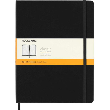 Moleskine XL Ruled Notebook in black with elastic closure, ivory pages, ribbon bookmark, and expandable back pocket.