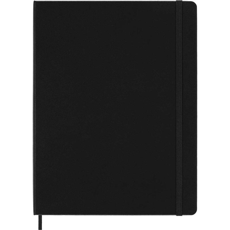 Moleskine XL ruled black hard notebook with elastic closure, ivory pages, ribbon bookmark, and expandable pocket for notes.