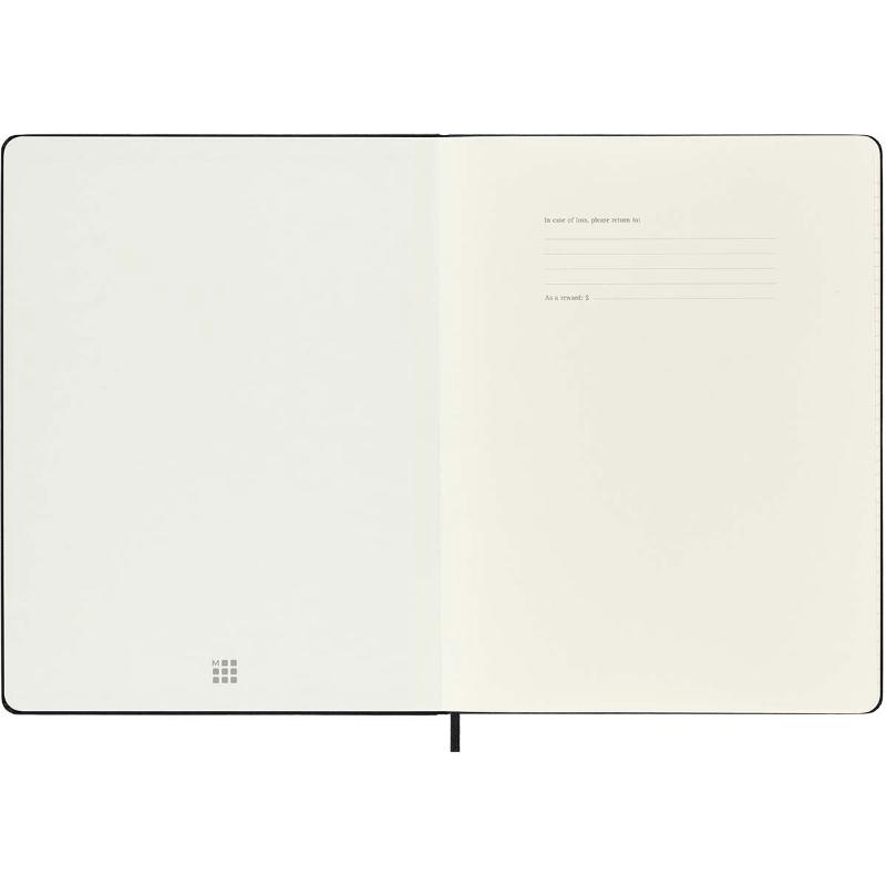 Moleskine Notebook XL in black, featuring ruled ivory pages, elastic closure, ribbon bookmark, and expandable back pocket.