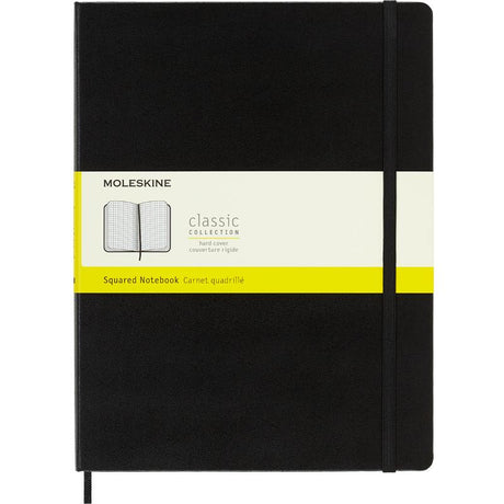 Moleskine XL black hard cover notebook with square format, elastic closure, ivory pages, and expandable back pocket for notes.