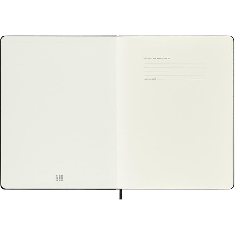 Moleskine XL Black Notebook with hard cover, elastic closure, ivory pages, and expandable pocket for notes and mementos.